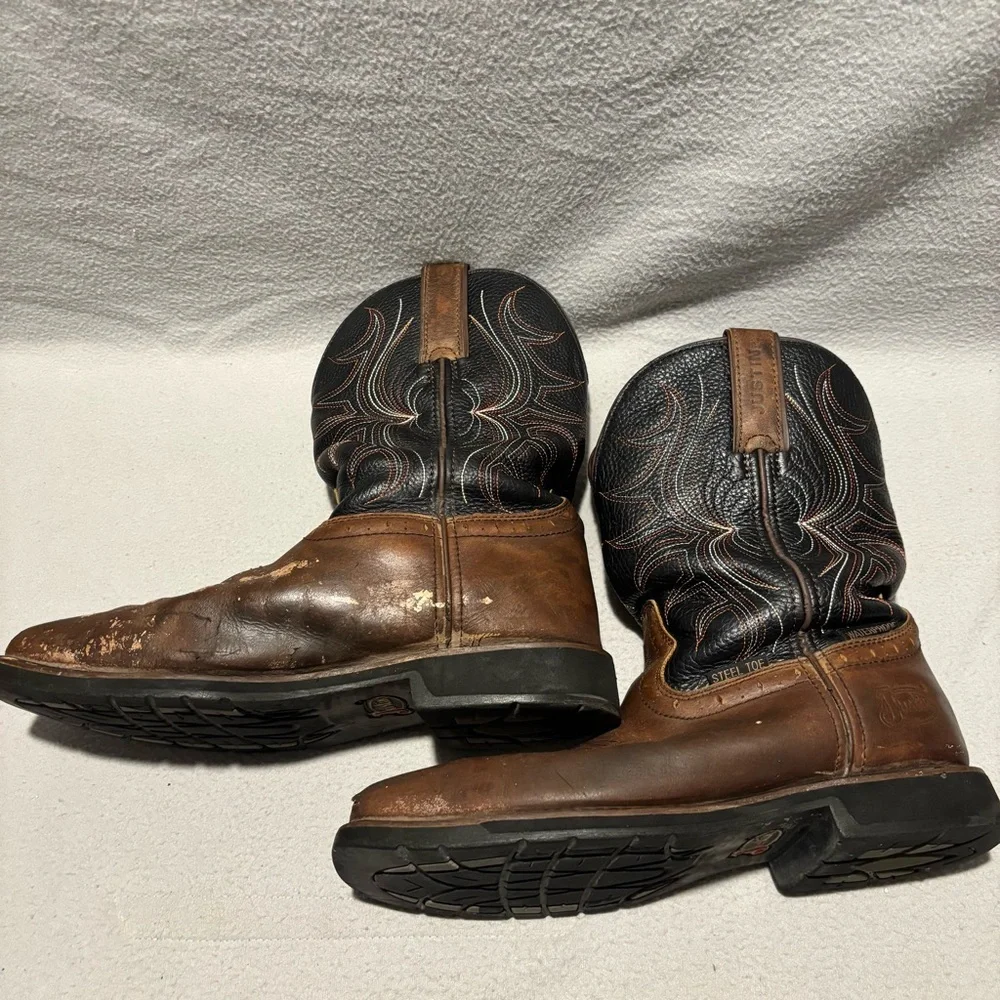 Justin Mens Brown Black Steel Toe Waterproof Boots Size 9.5D ASTM F2413-18